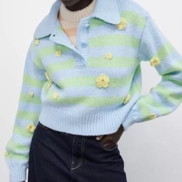Zara Crochet 3D Floral Embroidered Striped Polo Collared Sweater L Blue Fairy - Picture 2 of 16